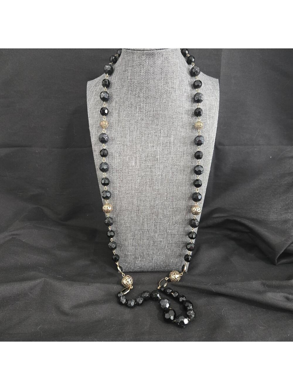 Monet Black Glass Bead Necklace Gold Filigree Faceted Station Long 18"